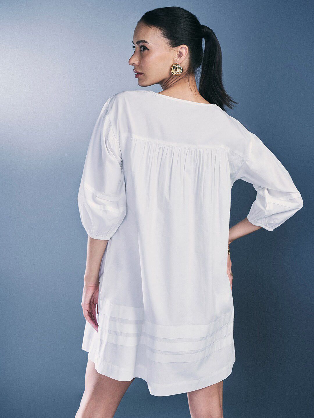 AND Round Neck Three Quarter Puff Sleeves A-Line Cotton Dress