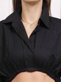 Athena Black Cotton Shirt Style Crop Top