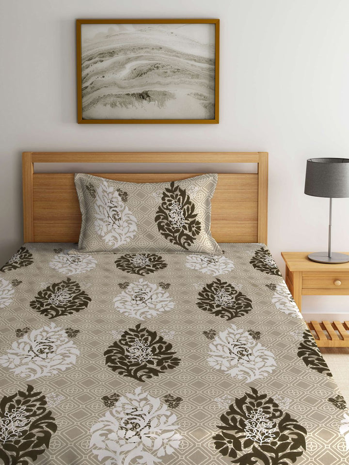 KLOTTHE Beige Ethnic Motifs Cotton 300 TC Dilengkapi Cadar Bujang Halus dengan Sarung Bantal-87 x 59 inci