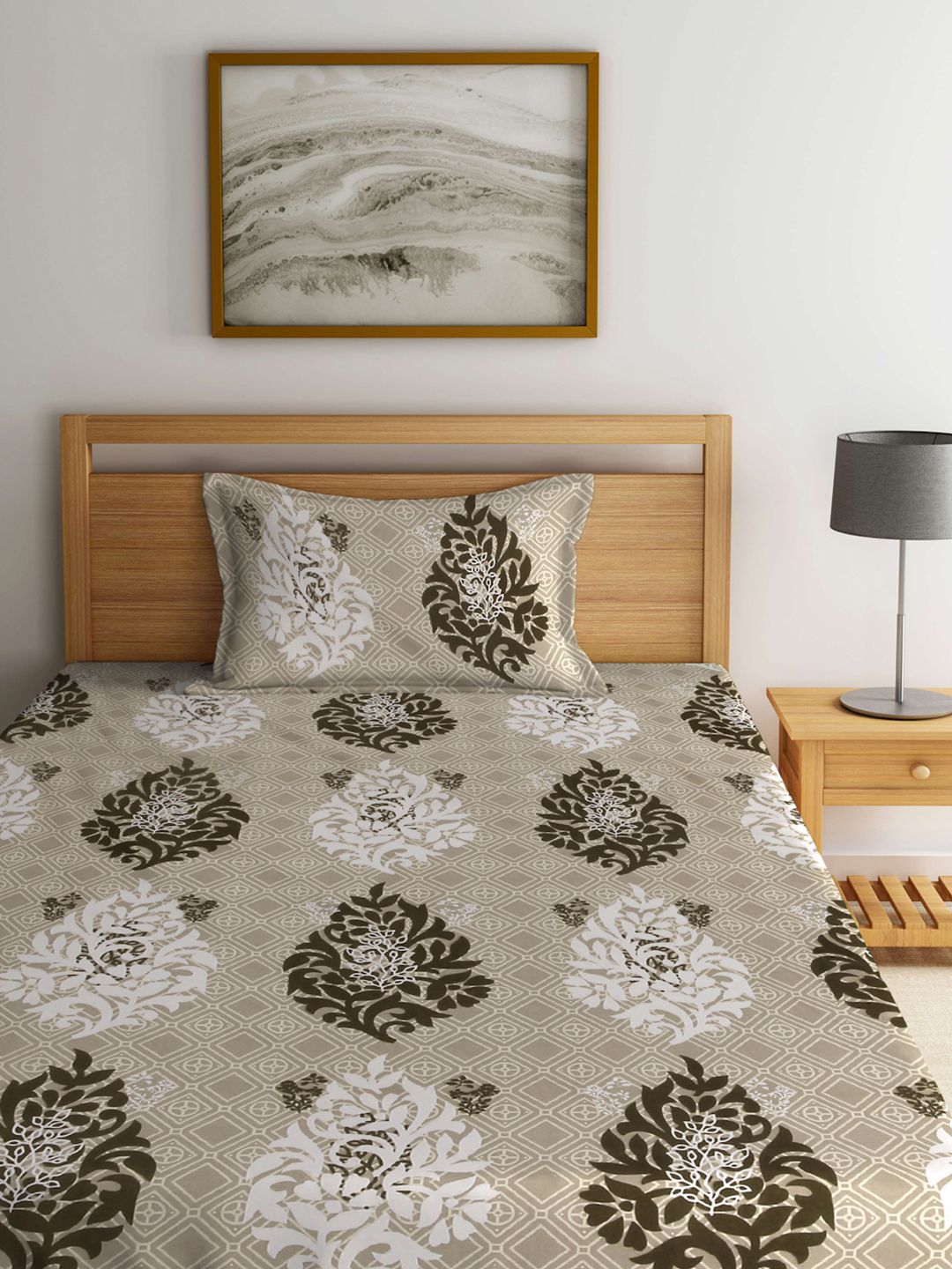 KLOTTHE Beige Ethnic Motifs Cotton 300 TC Dilengkapi Cadar Bujang Halus dengan Sarung Bantal-87 x 59 inci