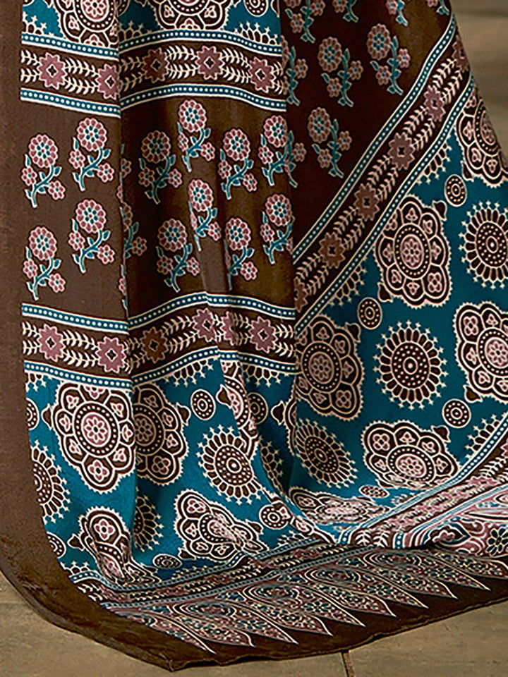 Saree mall Brown & Teal Ajrak Poly Crepe Block Print Sarees