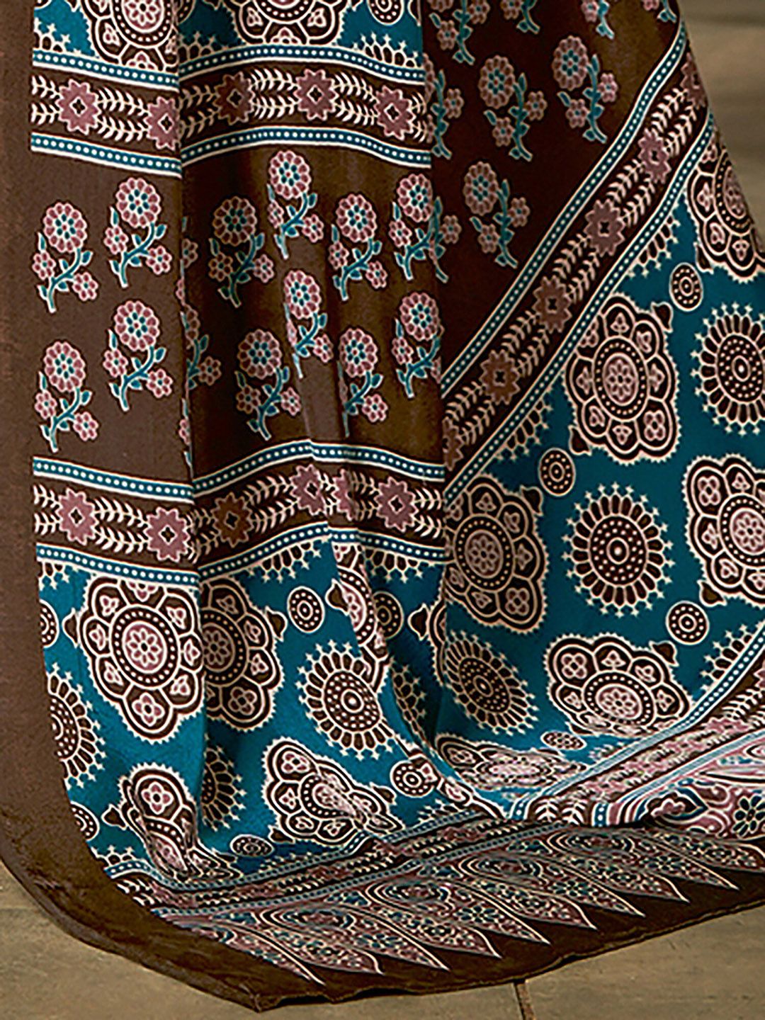 Saree mall Brown & Teal Ajrak Poly Crepe Block Print Sarees