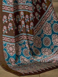 Saree mall Brown & Teal Ajrak Poly Crepe Block Print Sarees