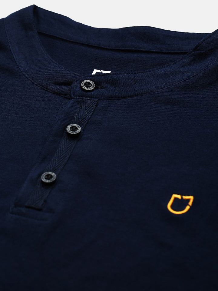 Urbano Fashion Men Navy Blue Solid Mandarin Collar Pure Cotton T-shirt