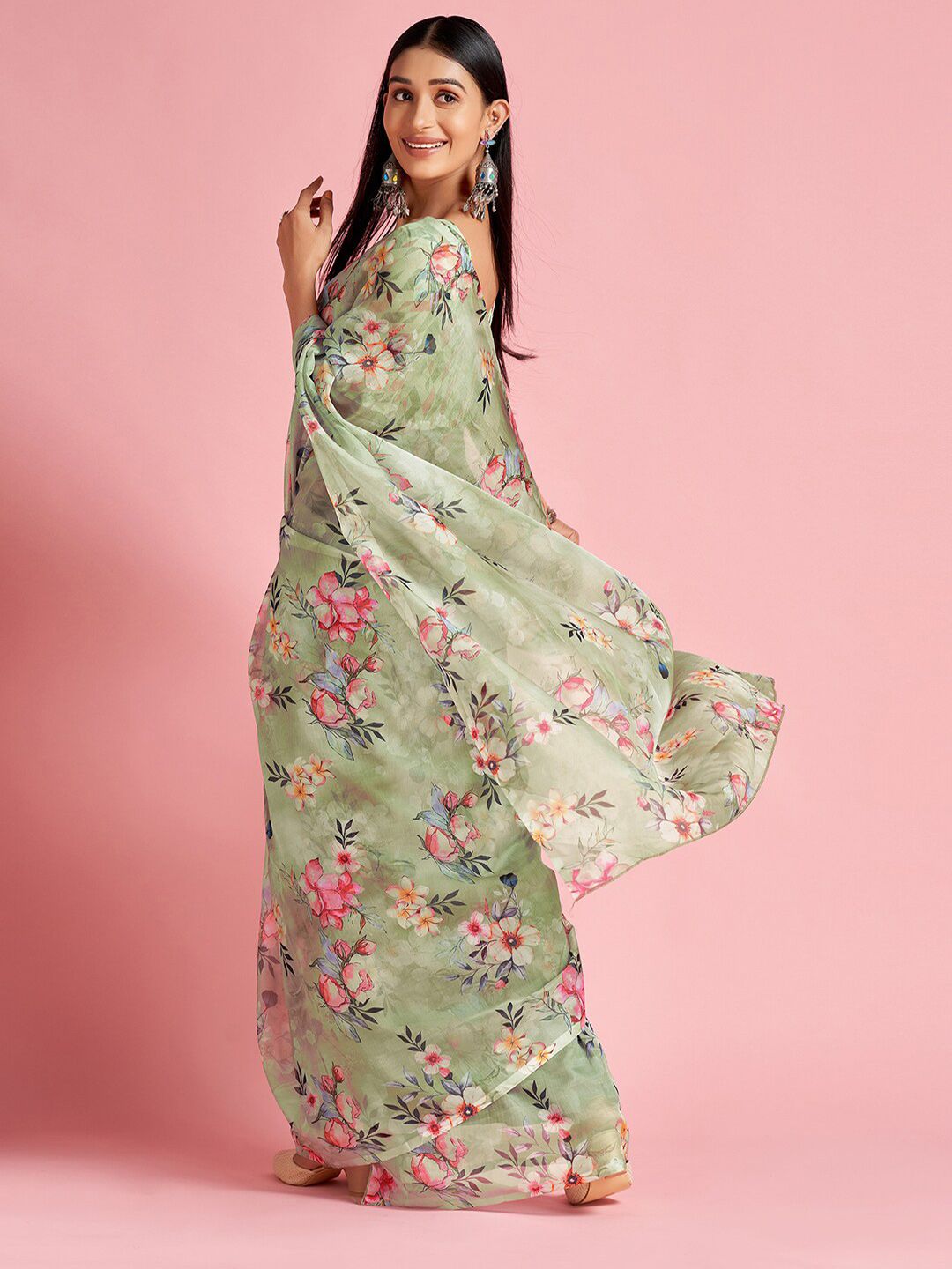Saree mall Green & Pink Floral Printed Organza Sarees