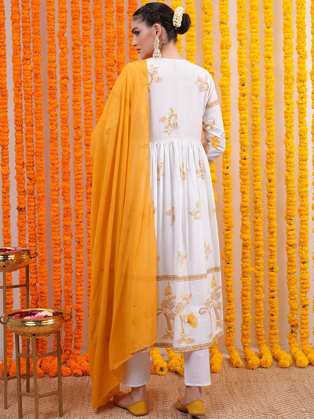 Vishudh White Floral Embroidered Empire Mirror Work Cotton Kurta with Trousers & Dupatta