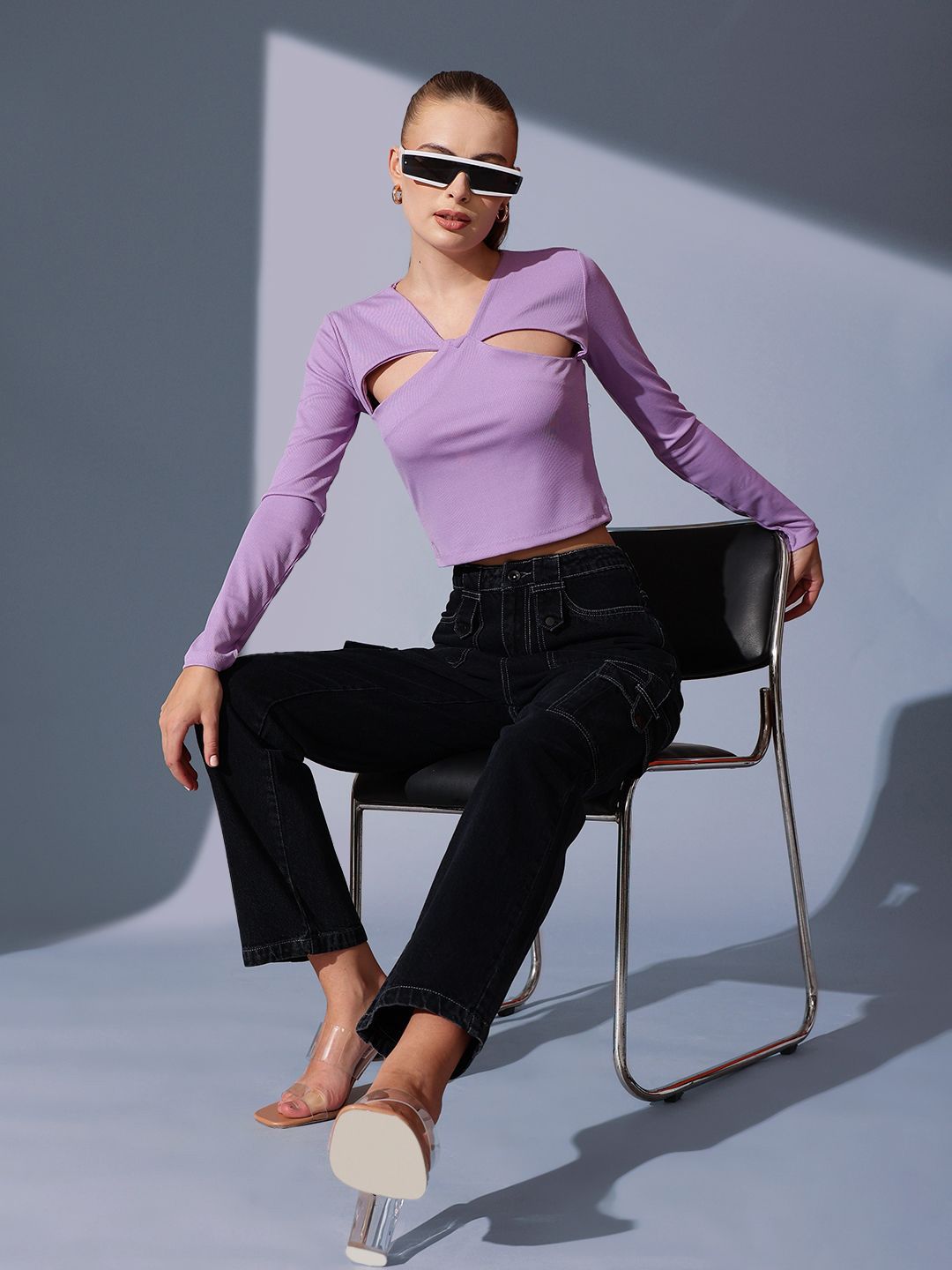 STREET 9 V-Neck Cut Outs Ribbed Styled Back Crop Top