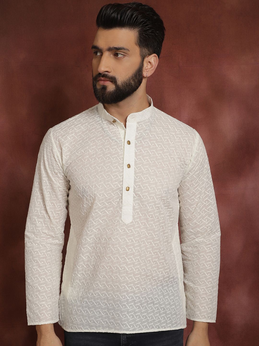 SOJANYA Ethnic Motifs Chikankari Embroidered Mandarin Collar Pure Cotton Kurta