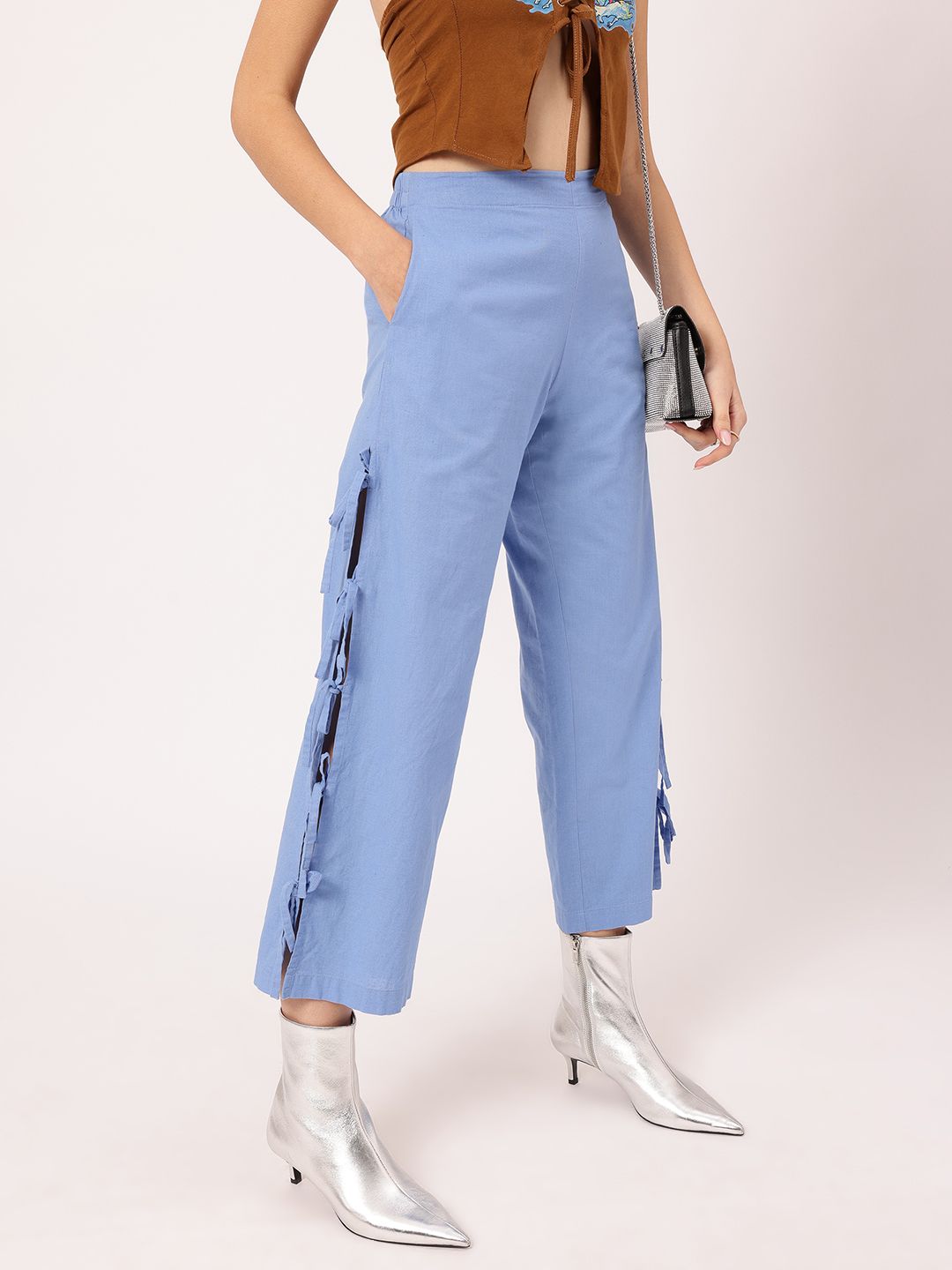 DressBerry Women Cottagecore Chic Bow-Up Cropped Trousers
