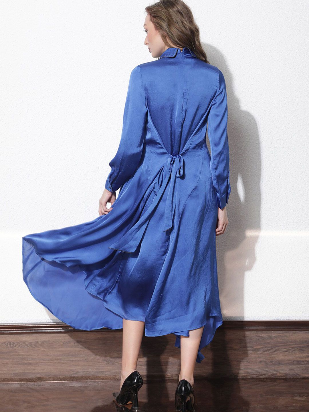 Rareism Shirt Collar A-Line Midi Dress