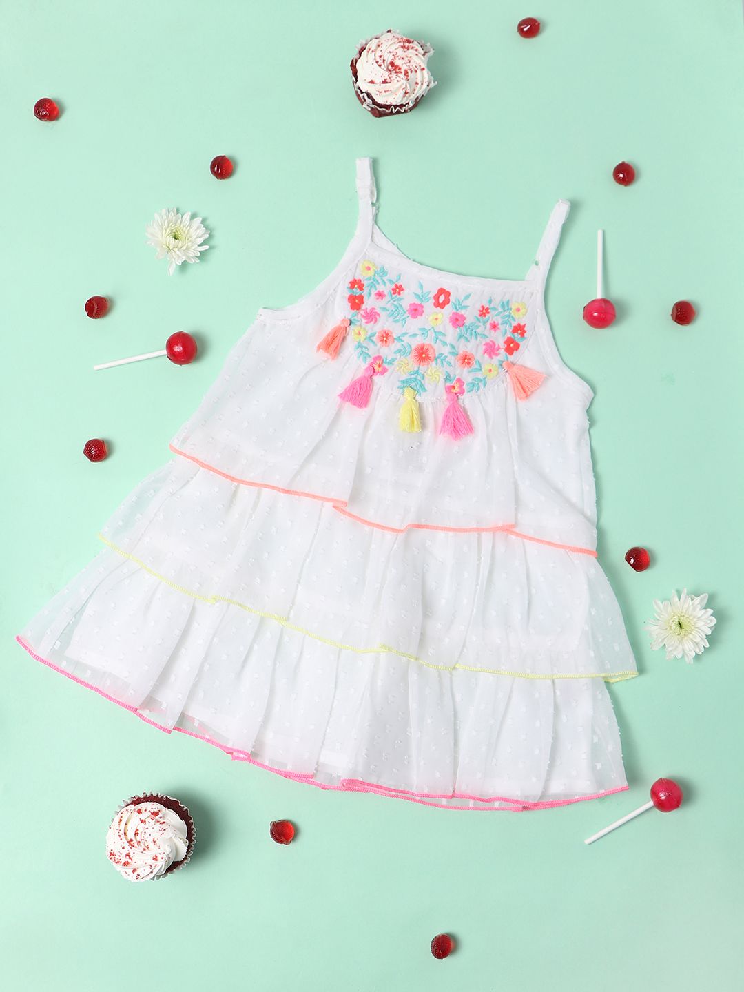 Nauti Nati Girls White Embroidered A-Line Dress