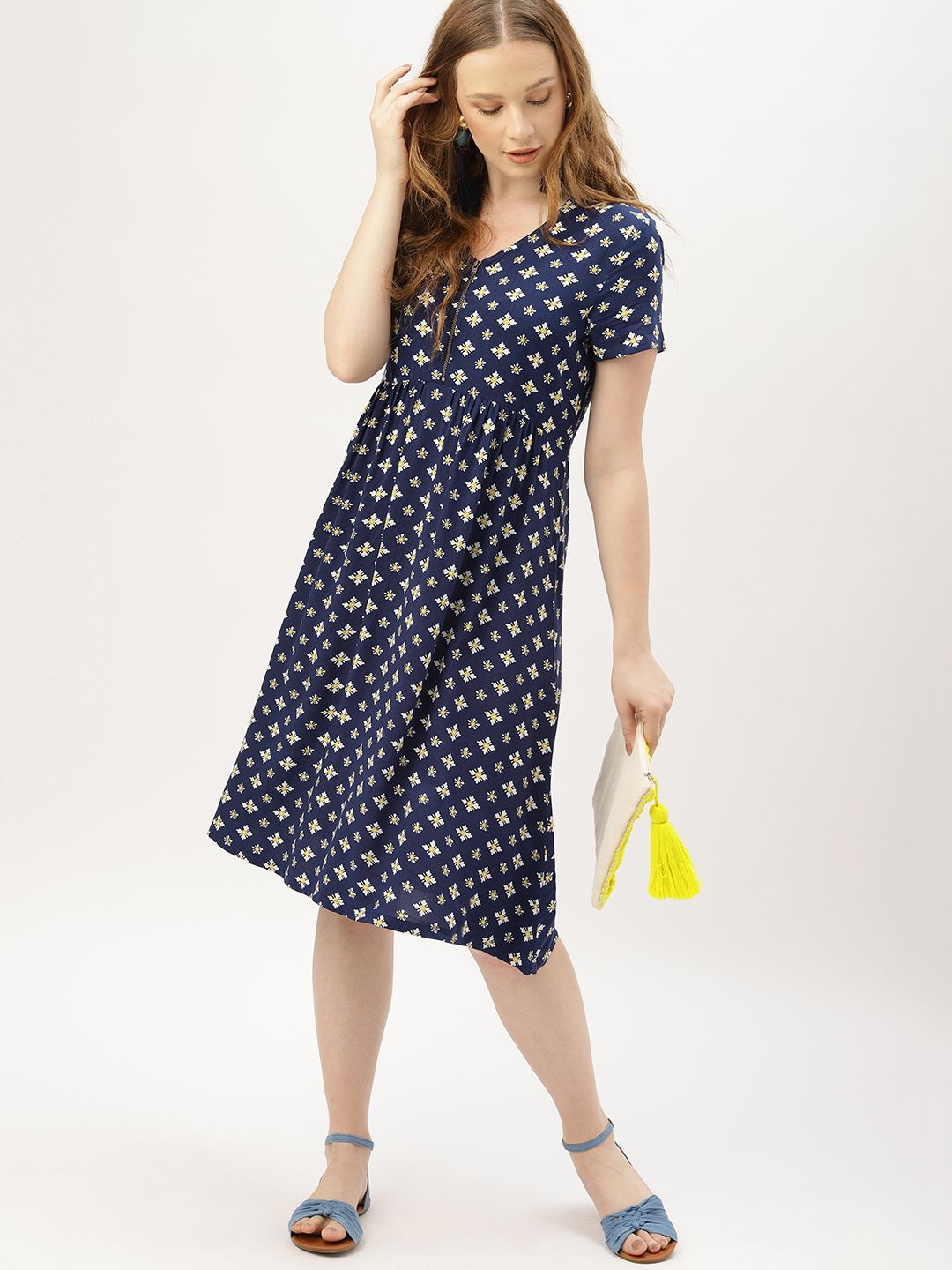 DressBerry Women Printed Navy Blue & White A-Line Dress