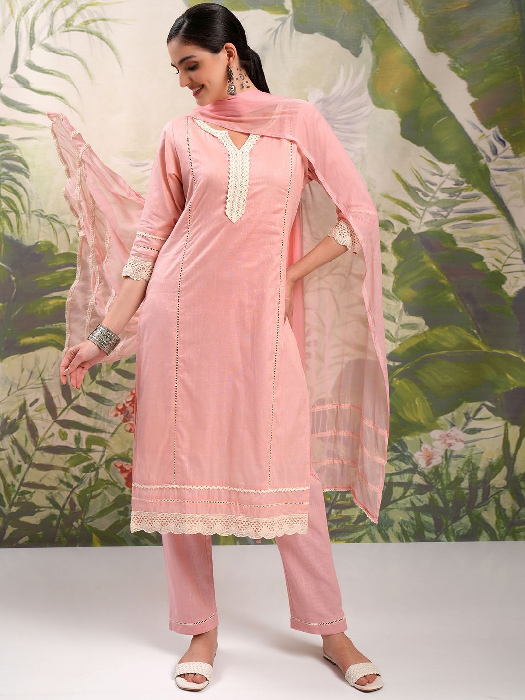 Vishudh V Neck Pure Cotton Straight Kurta & Trousers With Dupatta