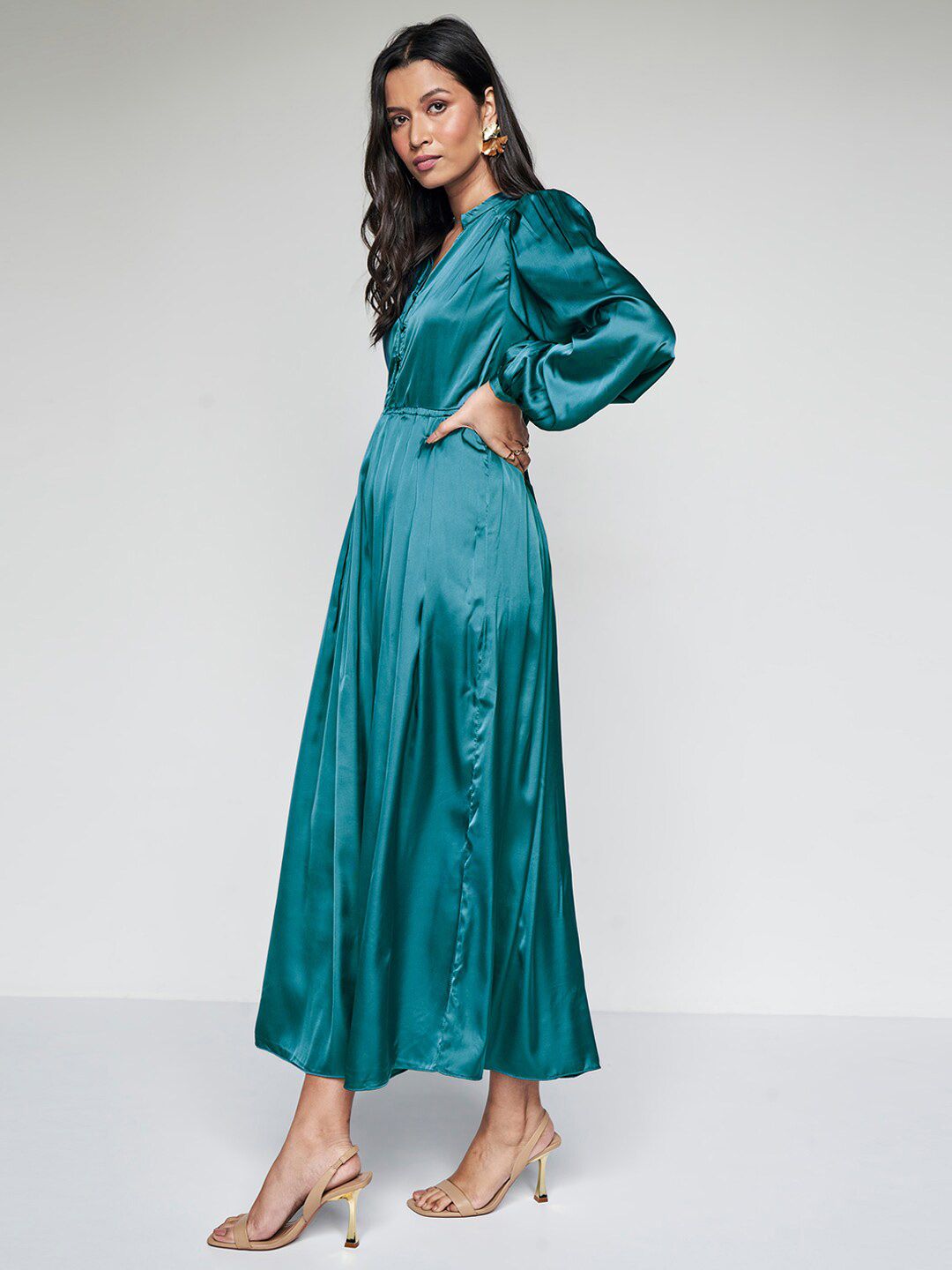 AND Shirt Collar Long Sleeves Maxi Dress