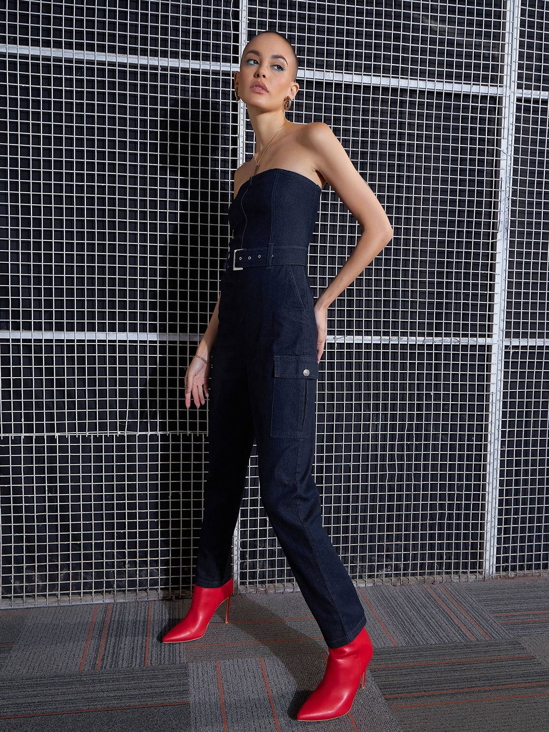 SASSAFRAS Navy Blue Strapless Basic Jumpsuit