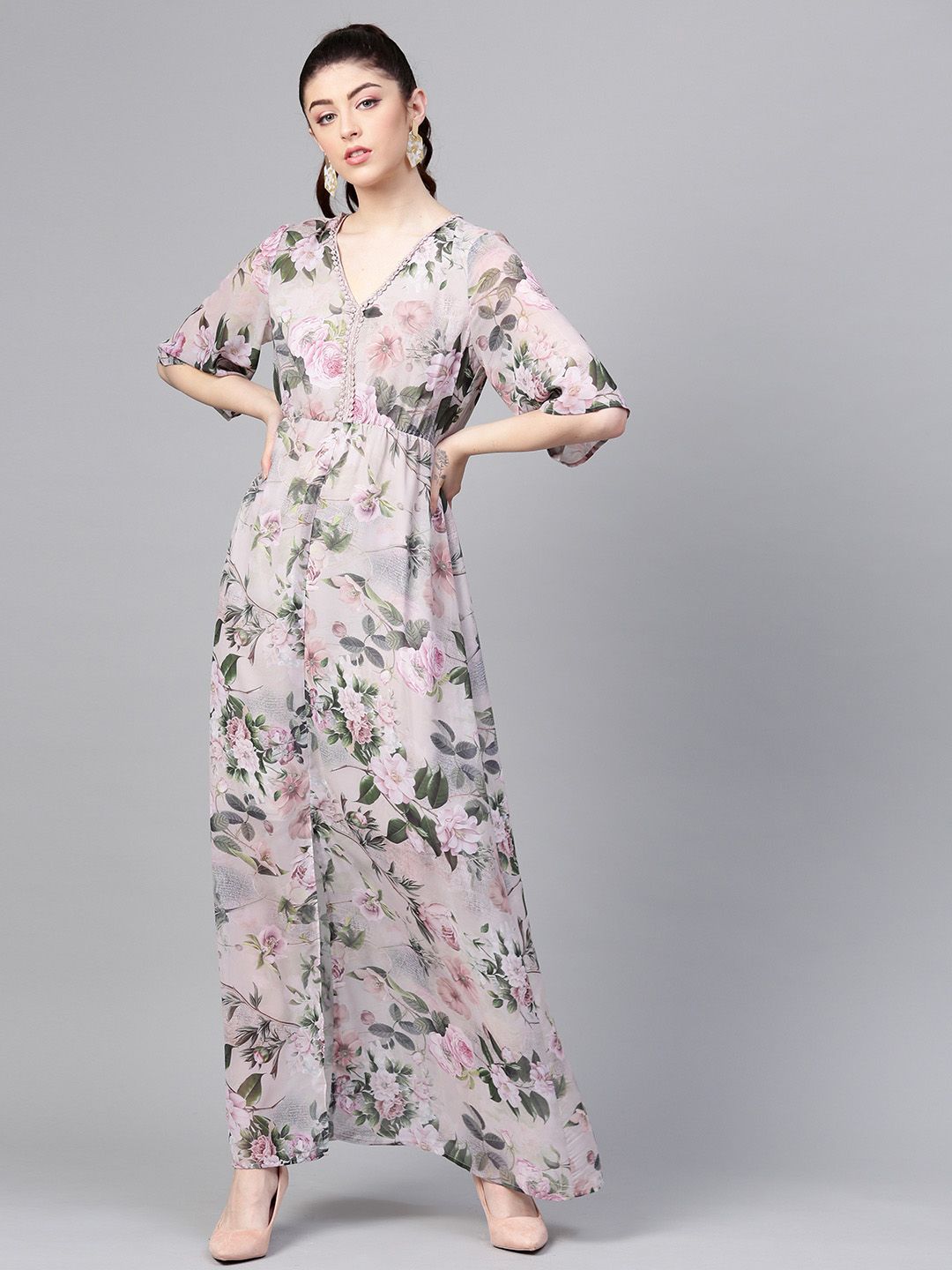 SASSAFRAS Taupe & Green Floral Printed Maxi Dress