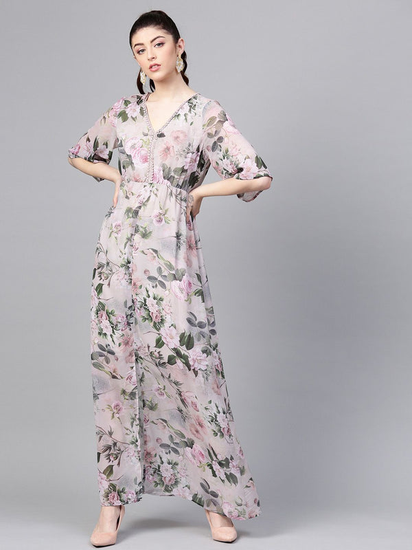 SASSAFRAS Taupe & Green Floral Printed Maxi Dress