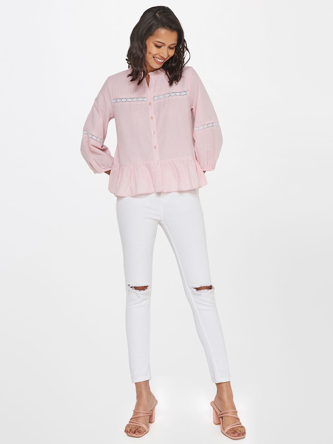 AND Striped Puff Sleeve Cotton Top