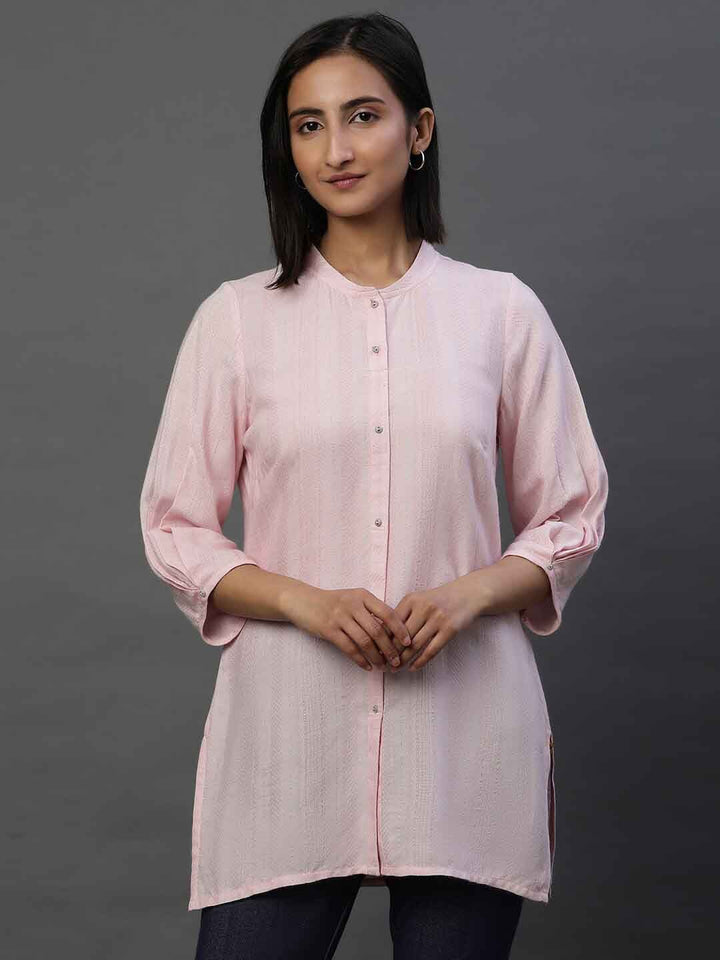 AURELIA Geometric Woven Design Mandarin Collar Straight Kurti
