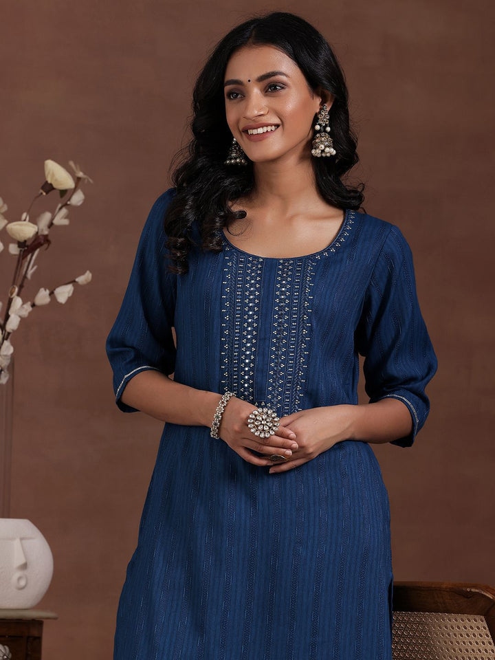 Libas Round Neck Ethnic Motifs Embroidered Dobby Straight Kurta