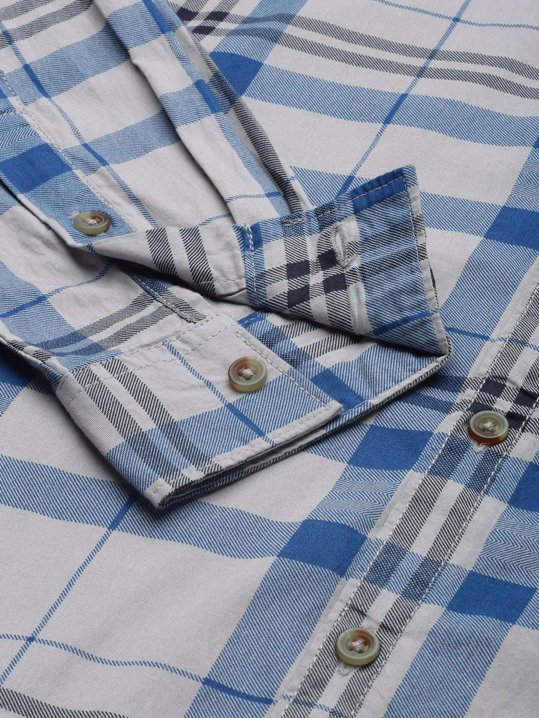 The Indian Garage Co Men Grey & Blue Checked Pure Cotton Twill Weave Casual Shirt
