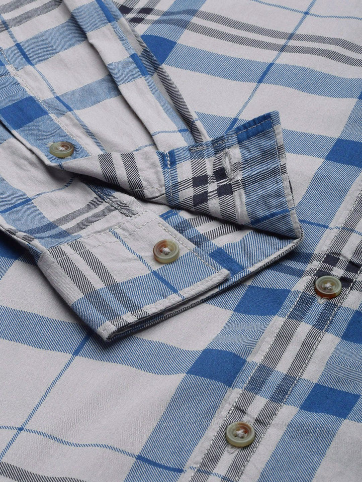 The Indian Garage Co Men Grey & Blue Checked Pure Cotton Twill Weave Casual Shirt