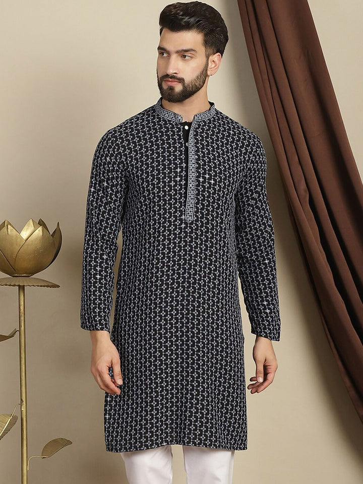 Anouk Kelabu Abstrak Sulam Mandarin Kolar Kapas A-Line Kurta
