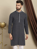 Anouk Kelabu Abstrak Sulam Mandarin Kolar Kapas A-Line Kurta