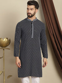 Anouk Kelabu Abstrak Sulam Mandarin Kolar Kapas A-Line Kurta