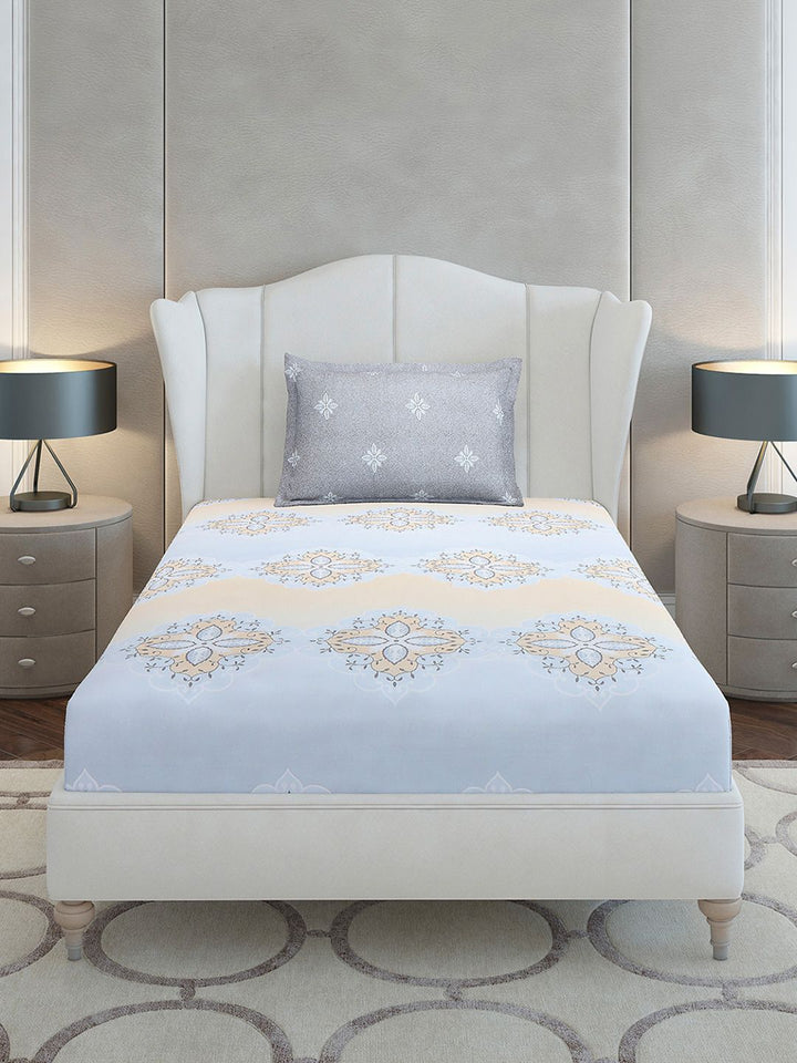 Monte Carlo Grey & Blue Ethnic Motifs Cotton 144 TC Single Bedsheet Set-2.29 m x 1.52 m