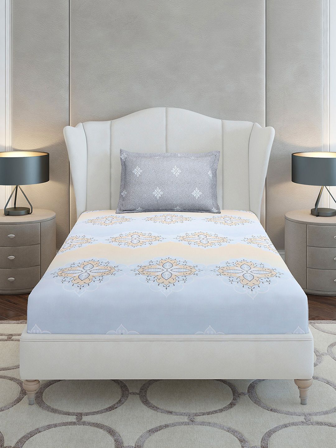 Monte Carlo Grey & Blue Ethnic Motifs Cotton 144 TC Single Bedsheet Set-2.29 m x 1.52 m