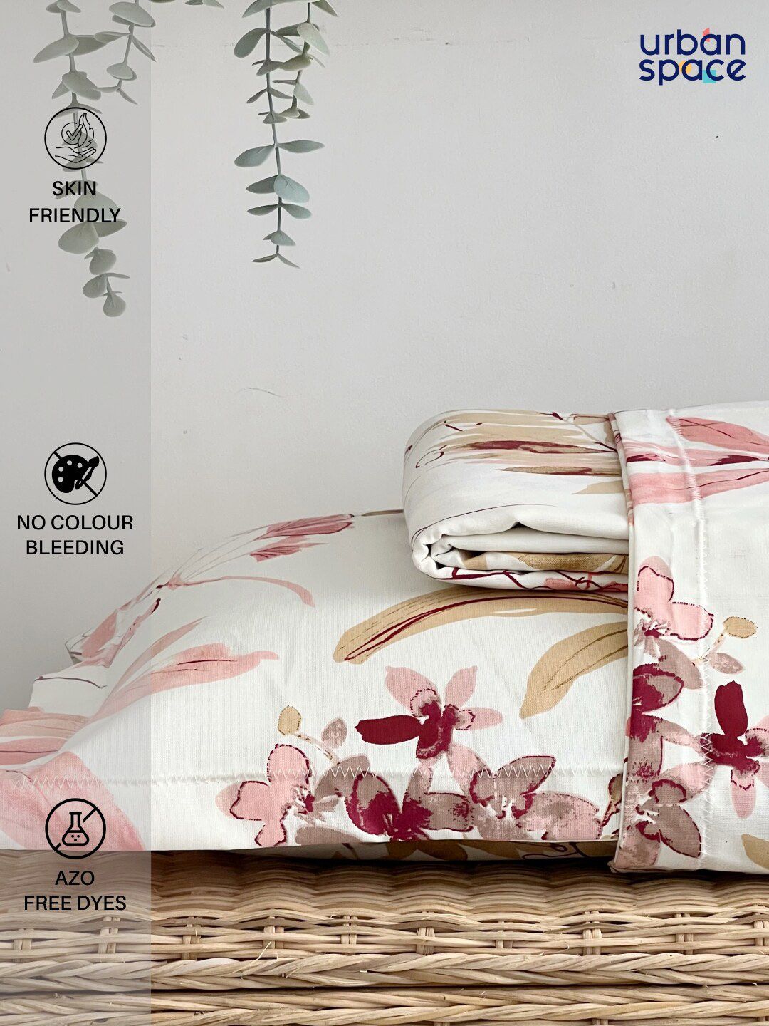 URBAN SPACE Serene Peach-Coloured Floral Cotton 200 TC Single Bedsheet with 1 Pillow Cover