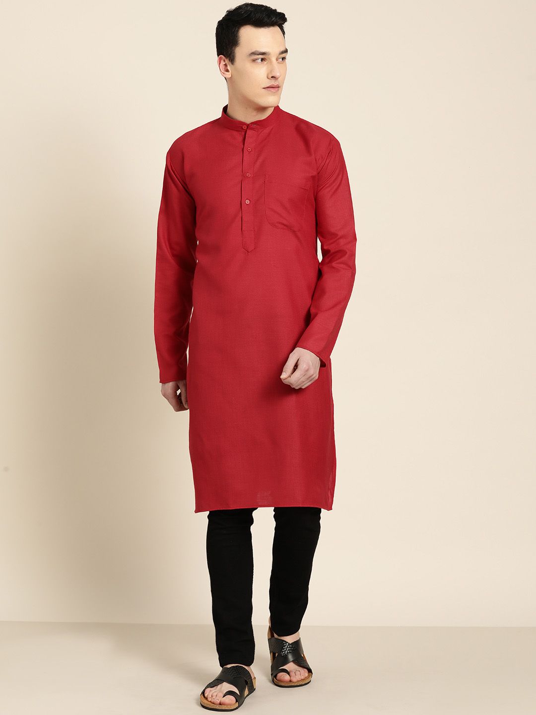 SOJANYA Men Maroon Solid Straight Kurta