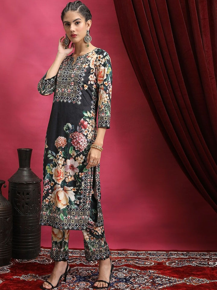 Vishudh Black Floral Printed Regular Kurta With Trousers & Dupatta