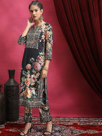 Vishudh Black Floral Printed Regular Kurta With Trousers & Dupatta