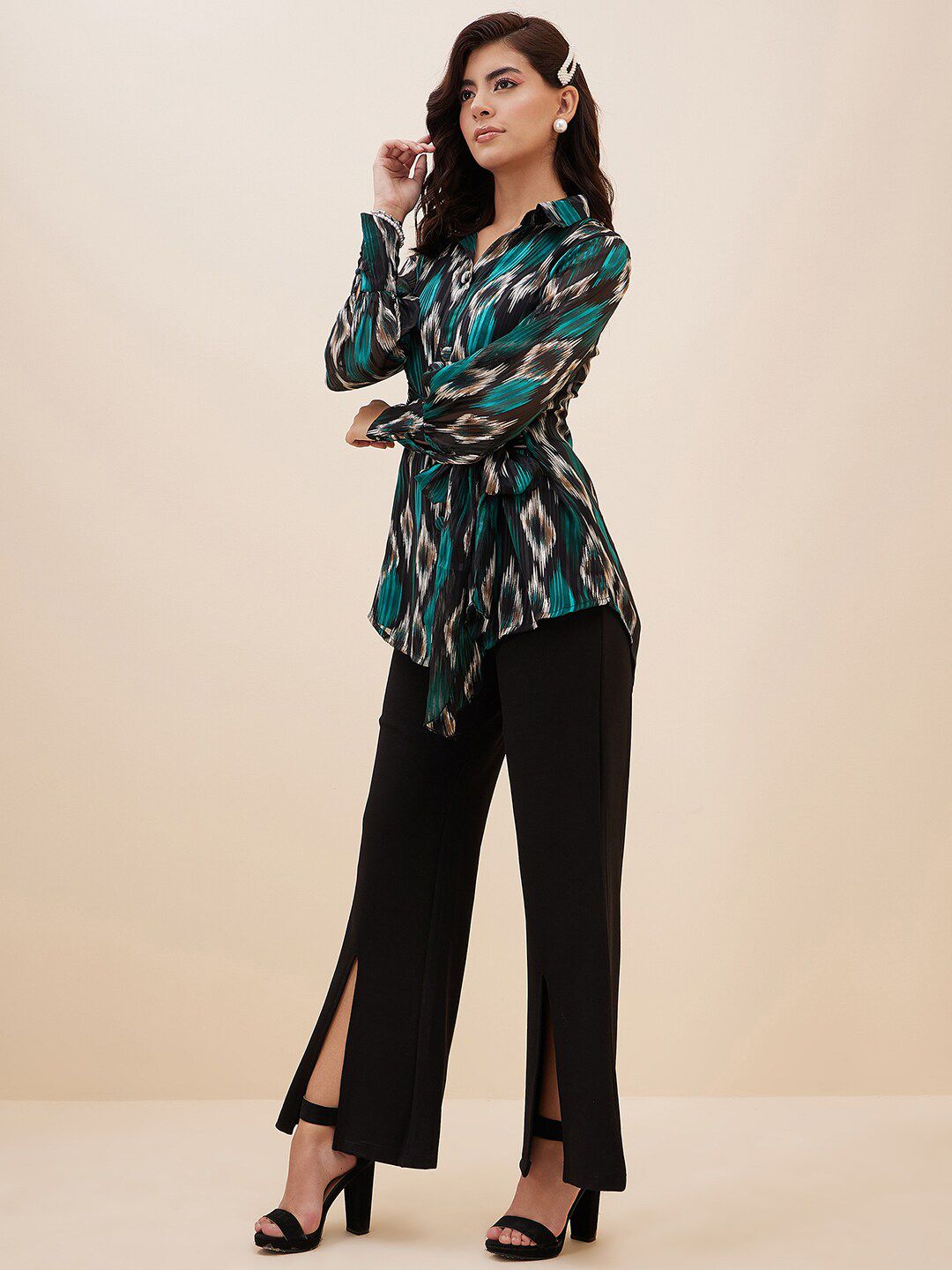 Antheaa Black & Teal Green Printed Front Tie-Up Shirt With Trousers