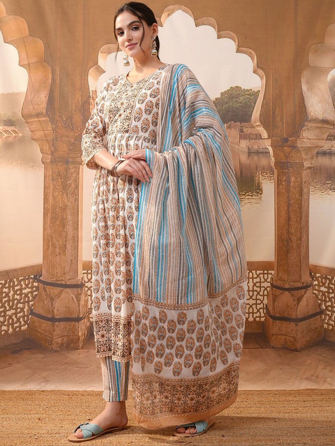 Vishudh Brown Ethnic Motifs Printed Pure Cotton Anarkali Kurta With Trousers & Dupatta