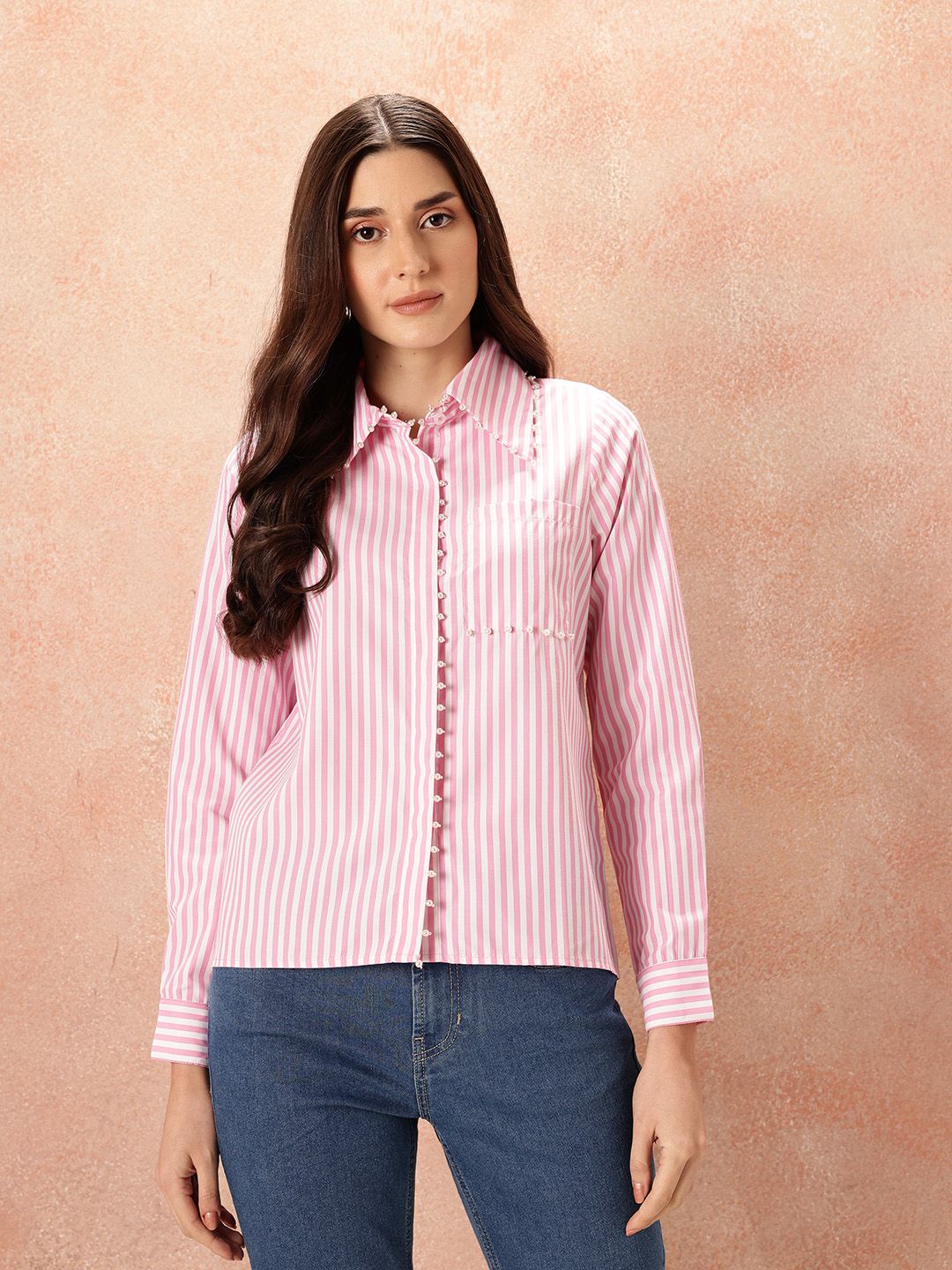 all about you Studded Striped Pocket Detail Casual Shirt