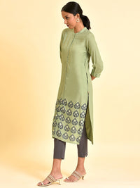 W Ethnic Motifs Printed Mandarin Collar Puffed Sleeves Straight Kurta With Trousers