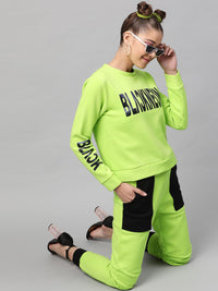 STREET 9 Women Fluorescent Green & Black Colourblocked Slim Fit Solid Joggers