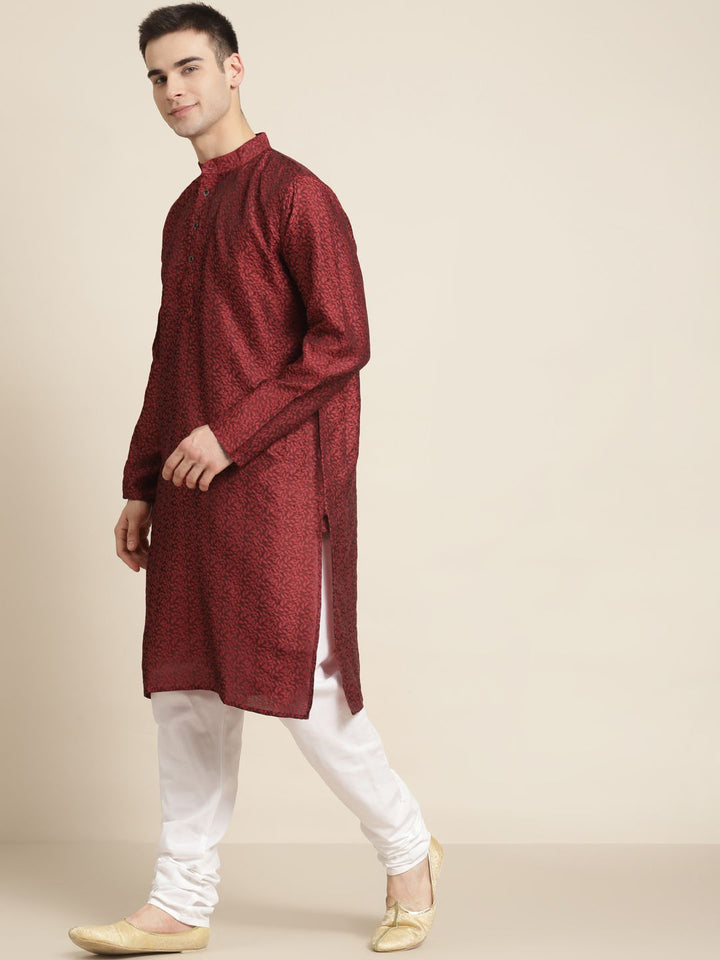 SOJANYA Men Maroon Ethnic Motifs Jacquard Woven Design Straight Kurta