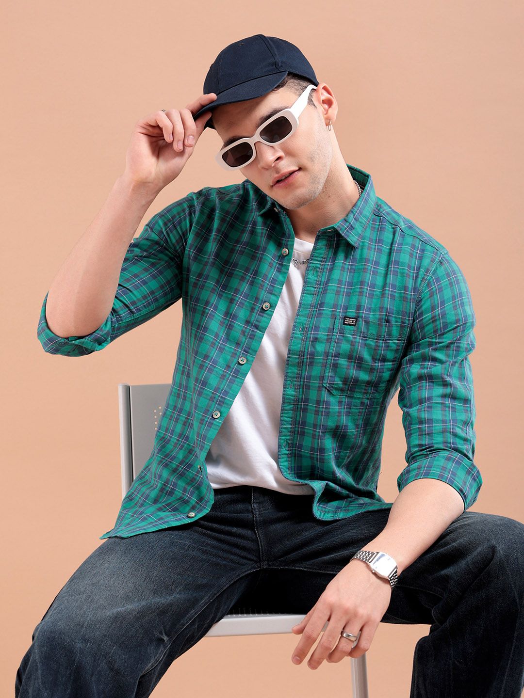 The Indian Garage Co Men Green & Navy Blue Slim Fit Checked Casual Shirt
