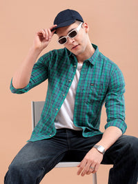 The Indian Garage Co Men Green & Navy Blue Slim Fit Checked Casual Shirt