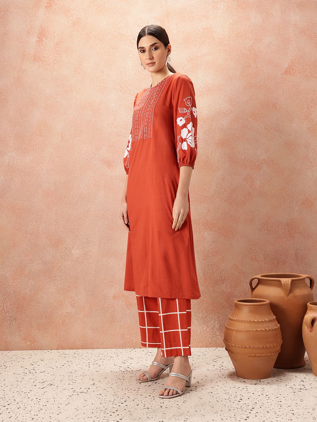 all about you Yoke Design Regular Thread Work Pure Cotton Kurta & Trousers