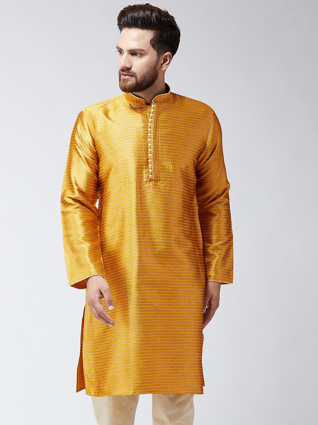 SOJANYA Men Mustard Woven Design Straight Kurta