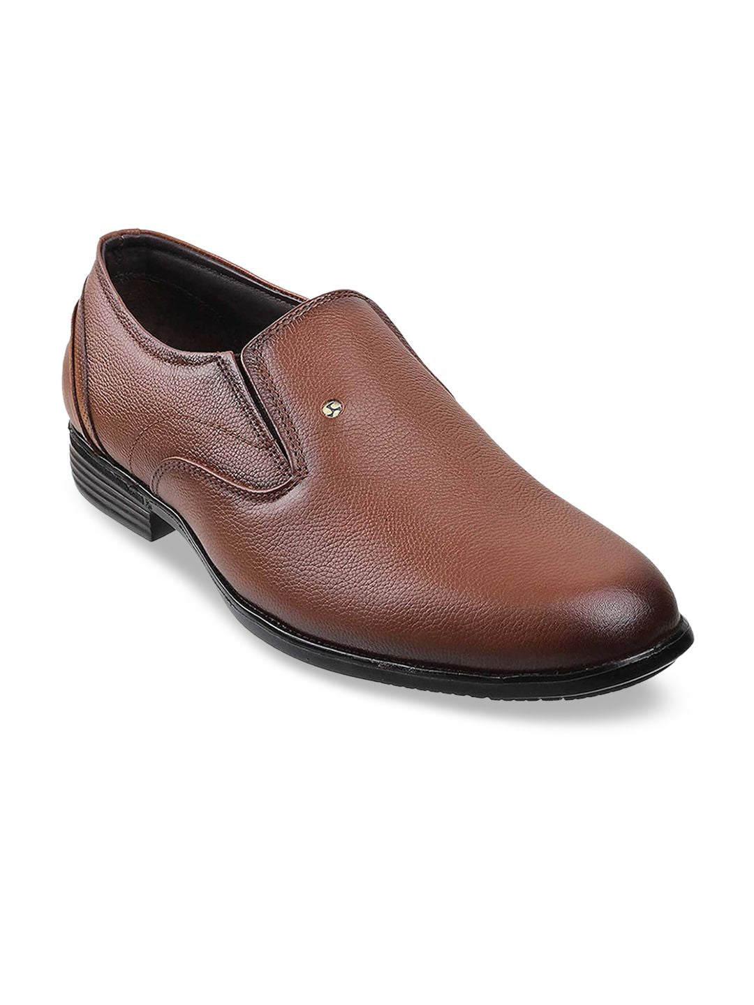 Mochi Men Tan Brown Solid Leather Formal Slip-Ons