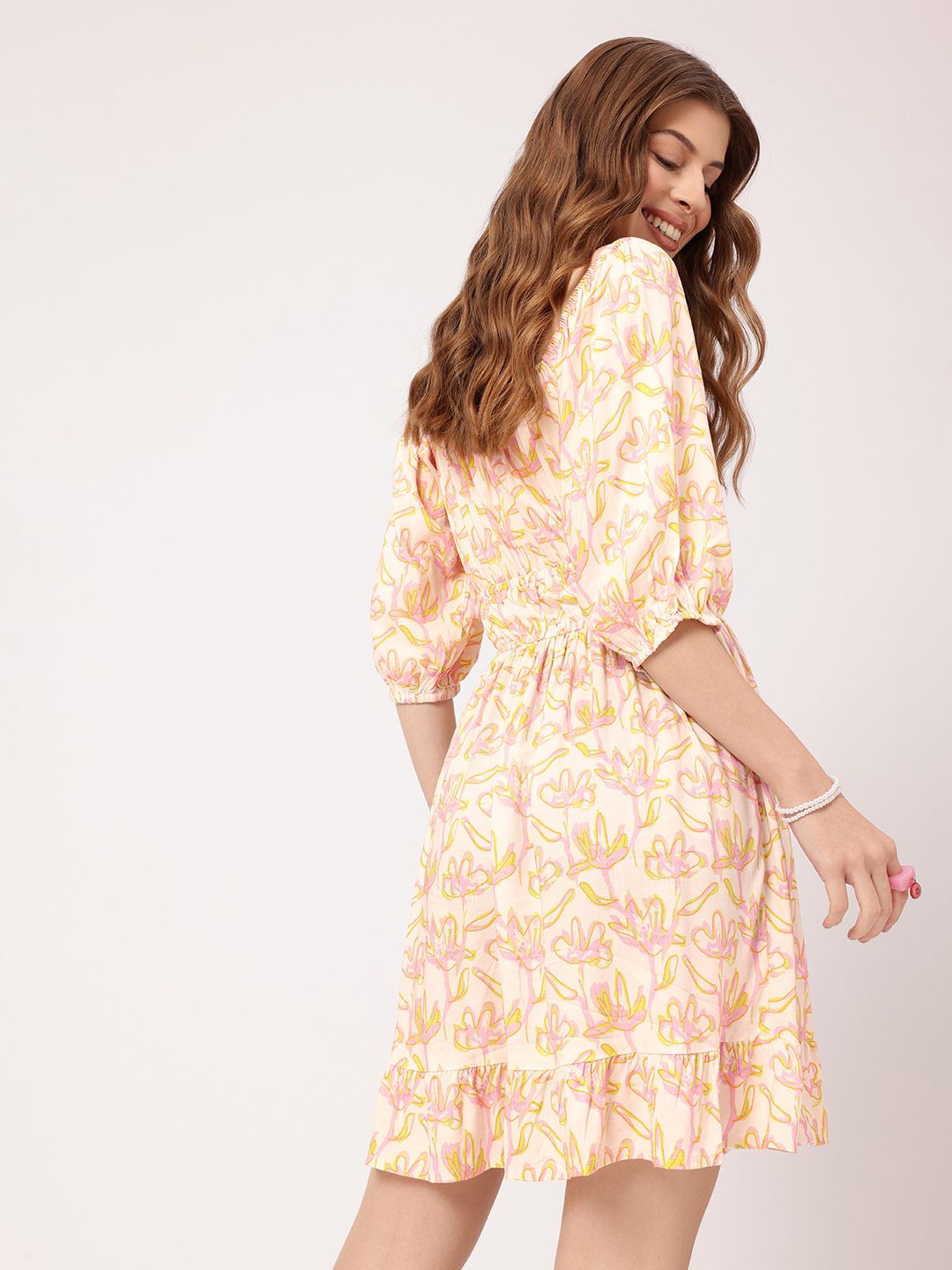 DressBerry Dreamy Holiday Floral Printed Cinched Waist Off-Shoulder A-Line Mini Dress