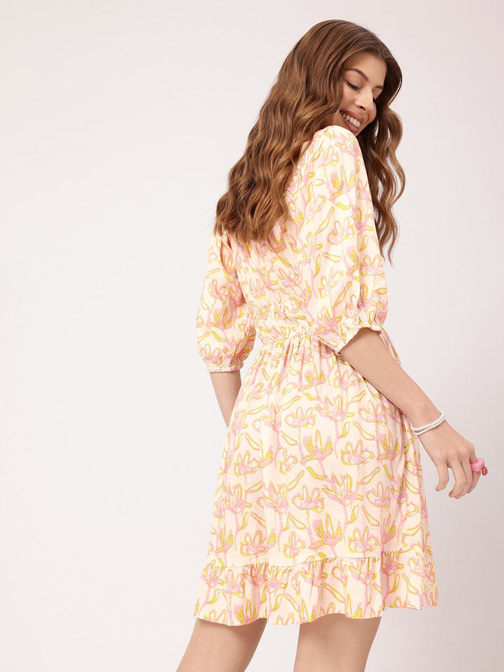 DressBerry Dreamy Holiday Floral Printed Cinched Waist Off-Shoulder A-Line Mini Dress