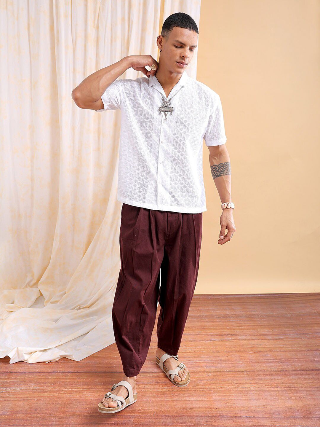 The Indian Garage Co Men Relaxed Fit Solid Warp Knit Lace Resortwear Shirt