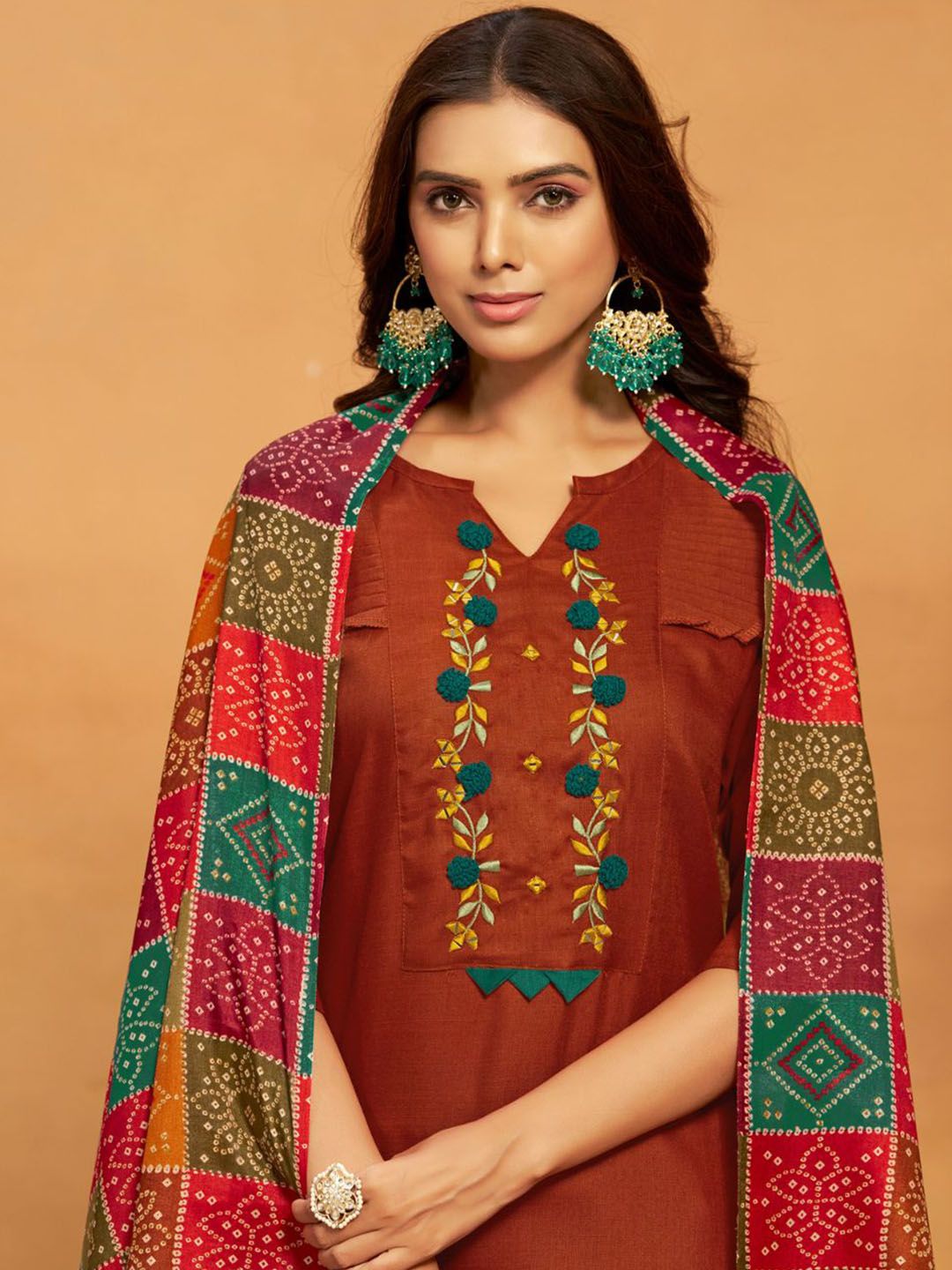 KALINI Ethnic Motifs Yoke Design Regular Thread Work Straight Kurta With Salwar & Dupatta